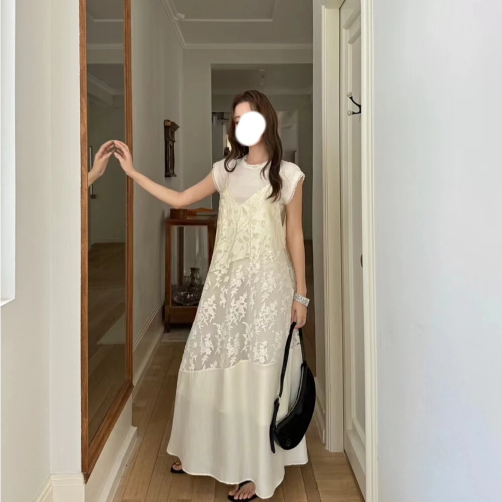 88971【套装】蕾丝吊带连衣裙+短袖T恤两件套