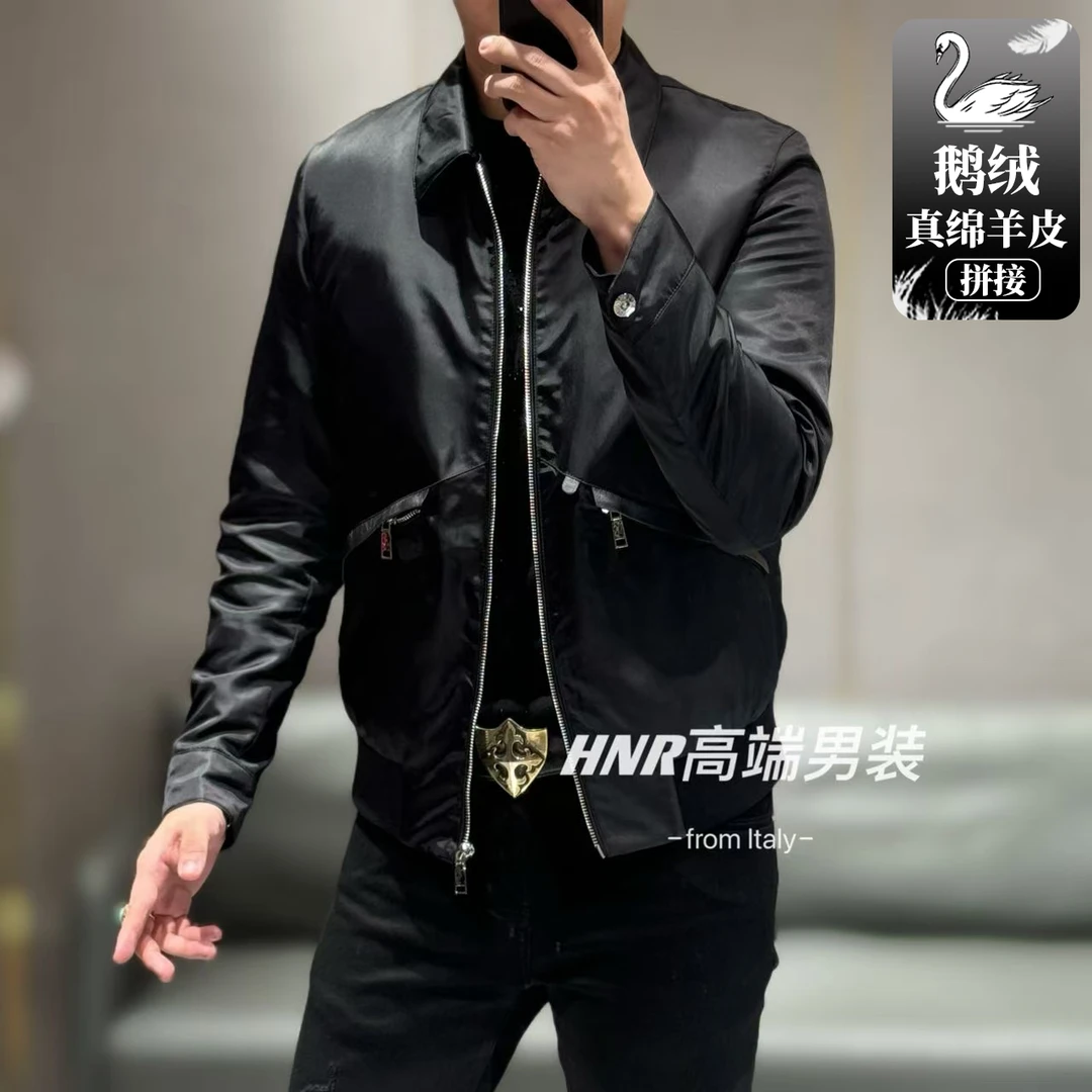 【绵羊皮拼接鹅绒服】斜方拉链口袋秋冬款男士纯色羽绒夹克6768