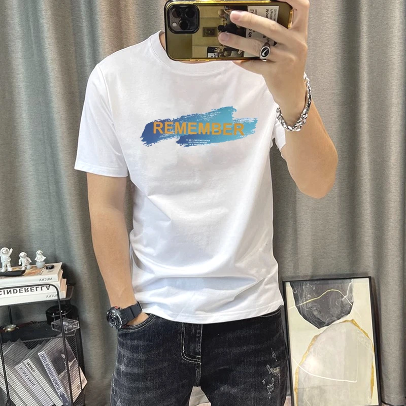 春夏潮男时尚印花短袖t恤韩版修身百搭圆领青年丝光棉透气男士T恤