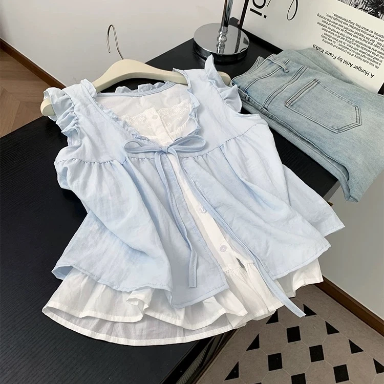 女童假两件无袖衬衫夏季2025新款中大童宽松撞色花边拼接洋气上衣