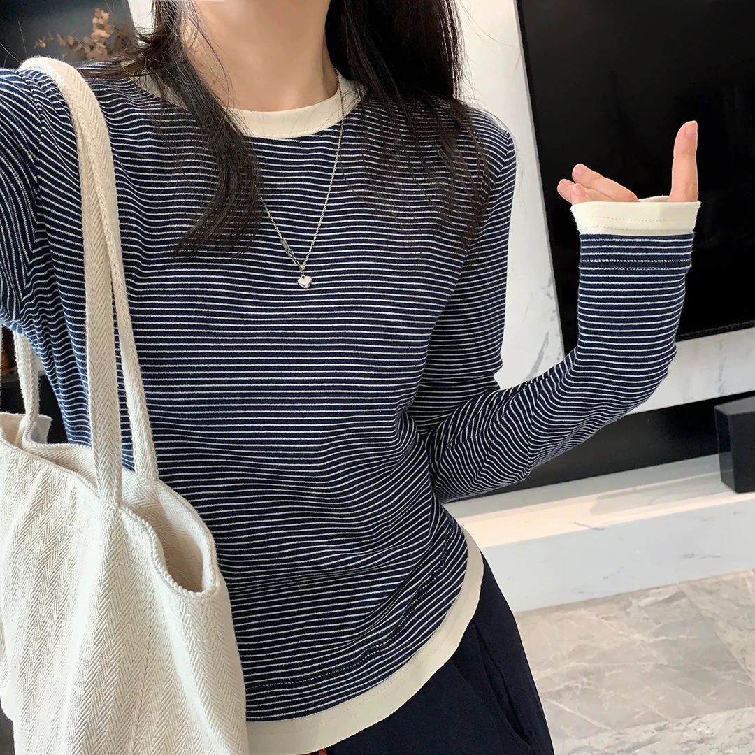 清仓福利【蓝调】撞色条纹假两件设计感小众打底衫