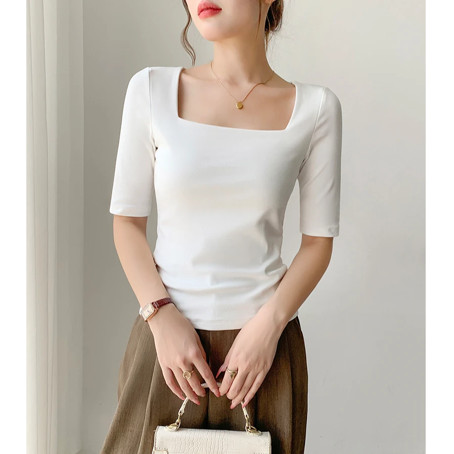 白色方领五分袖t恤女装内搭春秋季新款半袖低领修身百搭中袖上衣