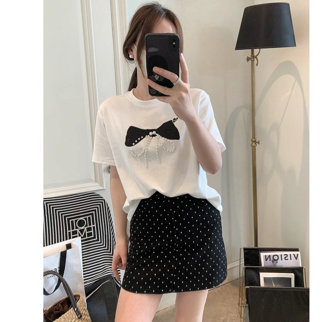 短袖t恤女2025新款夏季女装潮韩版时尚洋气蝴蝶结钉珠别致上衣女