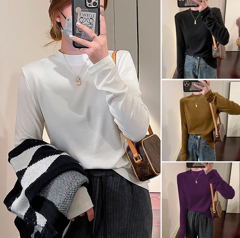 【加绒/不加绒】小立领正肩白色长袖T恤女内搭中领打底衫秋冬季上衣