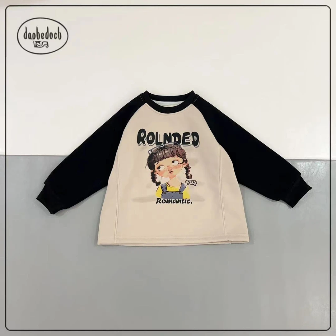 B-0955-【加绒】女童春秋洋气韩版卫衣卡通印花款型百搭（番茄）