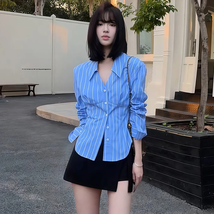 韩系设计感时尚显白衬衫女2025新款慵懒条纹高街好看气质时髦上衣
