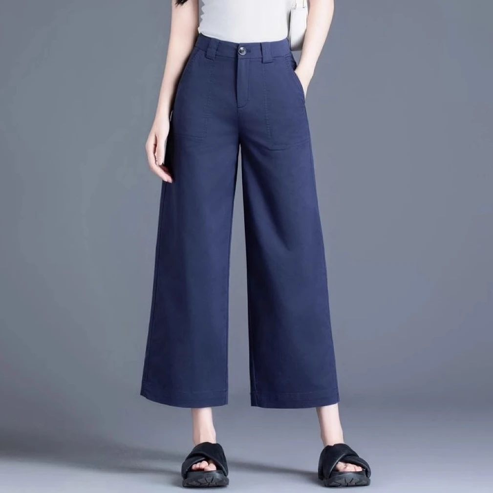 藏青色冰丝阔腿裤女2025新款夏大码梨形身材小个子显瘦八分直筒裤