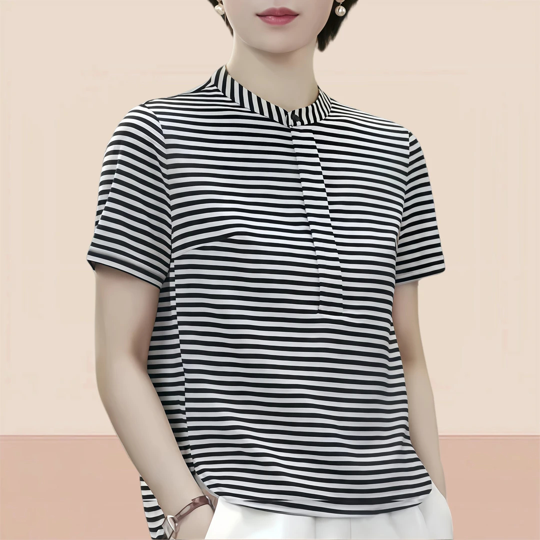 纯棉圆领正肩时尚条纹洋气衣服女夏季新款短袖休闲别致舒适体恤衫