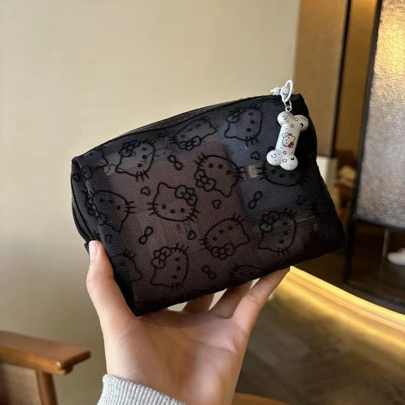 简约可爱黑色网纱kitty化妆包便携大容量收纳包