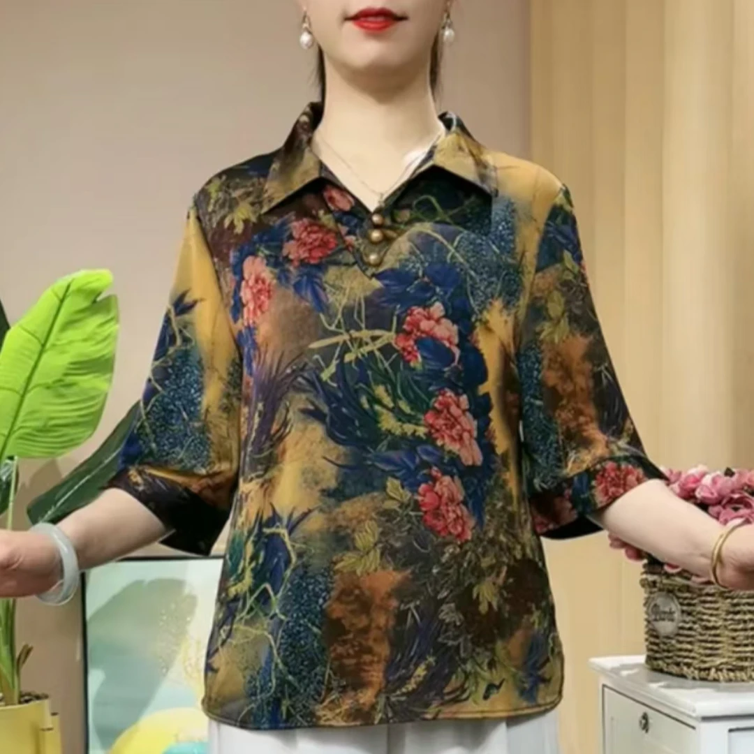 中老年妈妈七分袖翻领夏装2025新款宽松显瘦百搭减龄气质女装衬衫