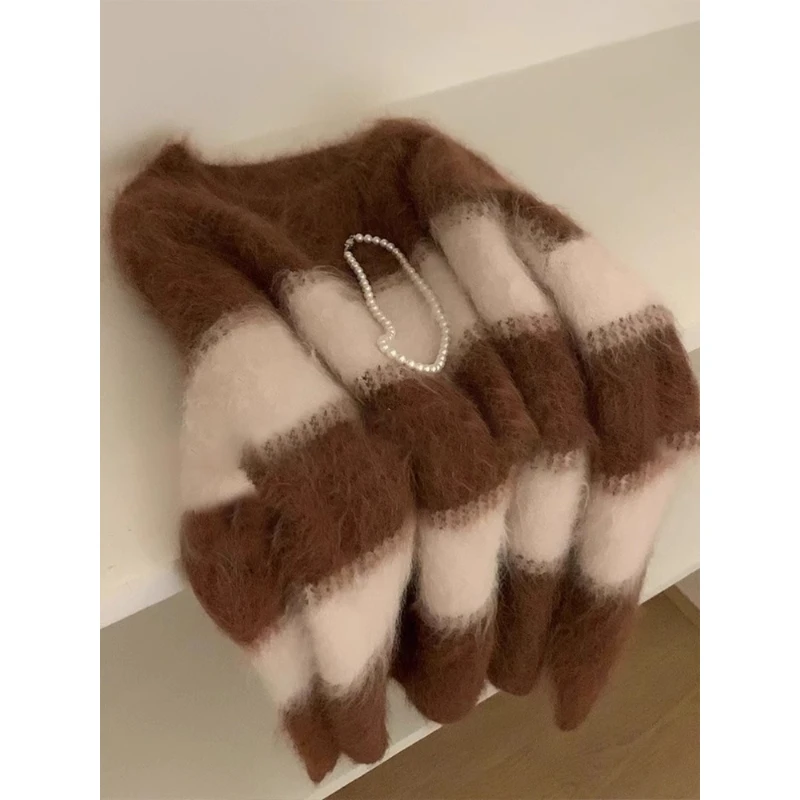 巨推荐，上身绝美！板栗色条纹毛衣女秋冬新款气质慵懒风针织衫上衣