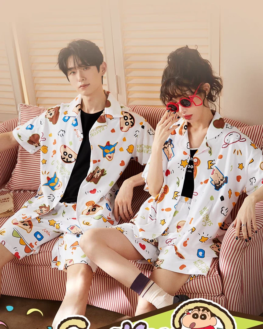 蜡笔小新夏季情侣款睡衣套装薄款短袖开衫大码卡通男女士家居服