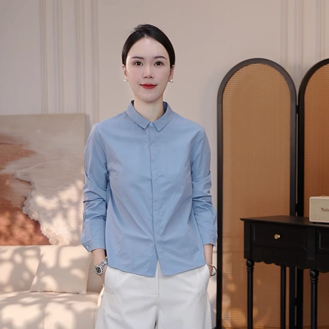 【希希推荐】FX-185新款简约净色翻领长袖衬衫H版型百搭气质衬衣