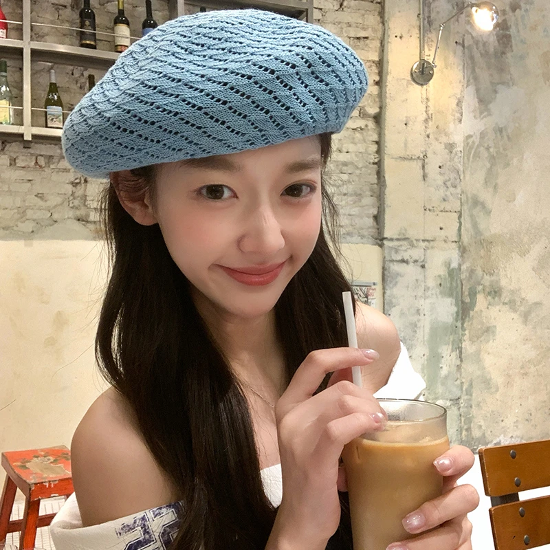 日系复古镂空编织透气贝雷帽女款秋季薄款百搭显脸小大头围画家帽