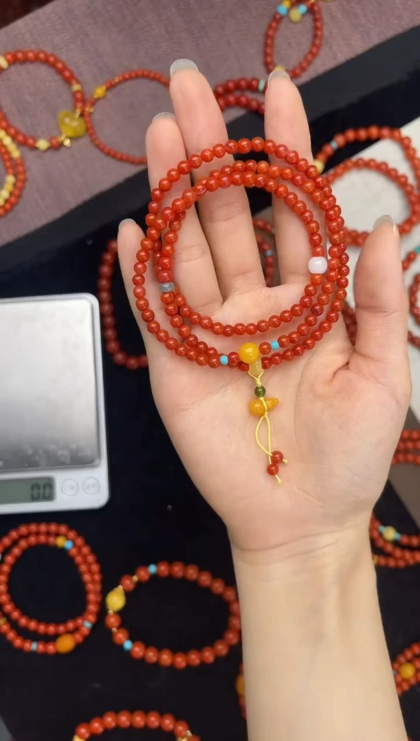 未镶嵌手串南红玛瑙南红三圈蜜蜡手串QF-C80（多样性发一）