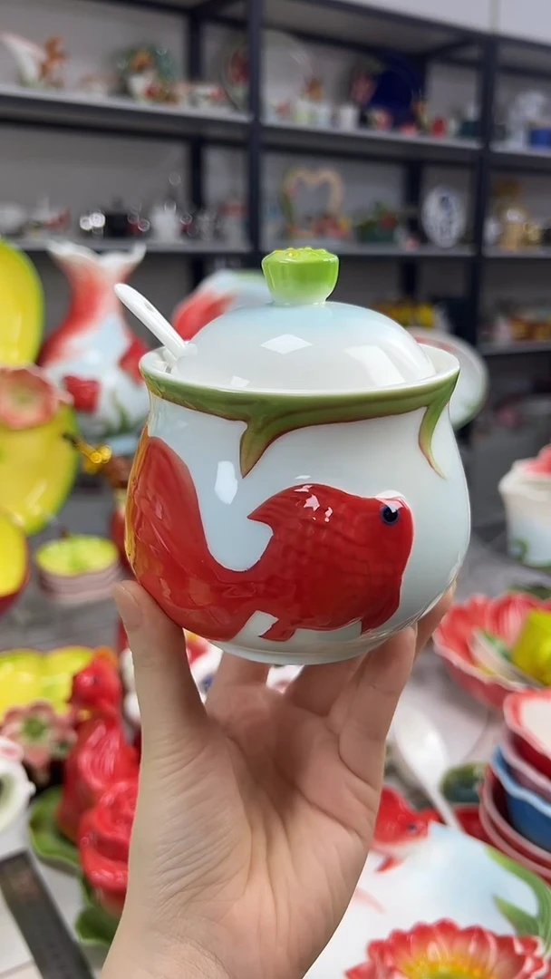 瓷金鱼调料罐，，，