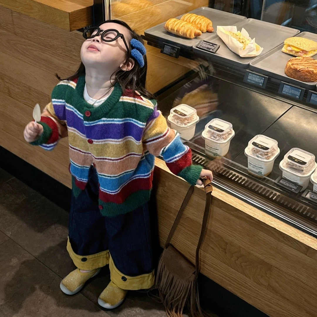壹妈童装女童时尚套装秋季新款洋气女宝彩色条纹针织开衫牛仔长裤