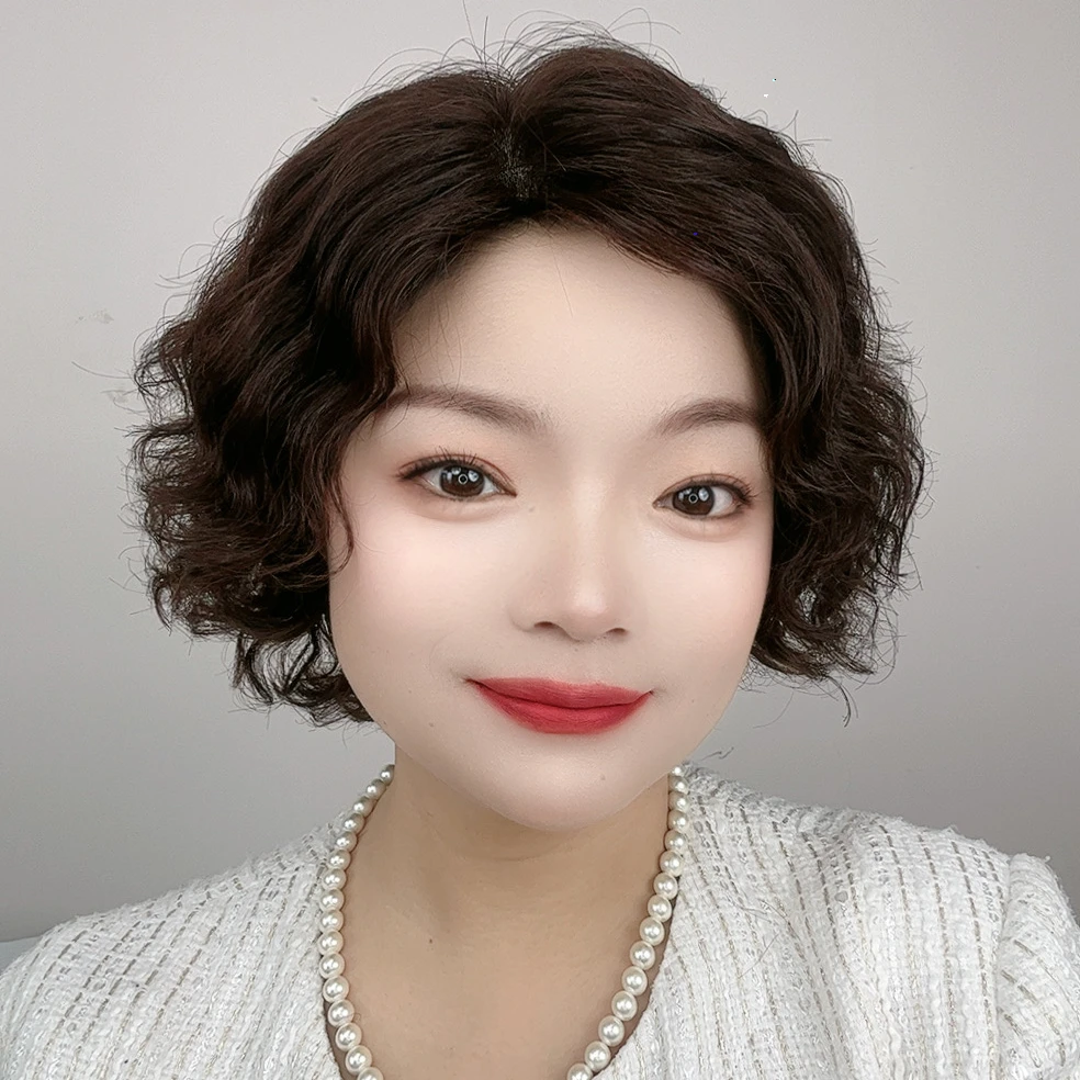 无刘海气质女卷发时尚妈妈发型全真发手工钩织