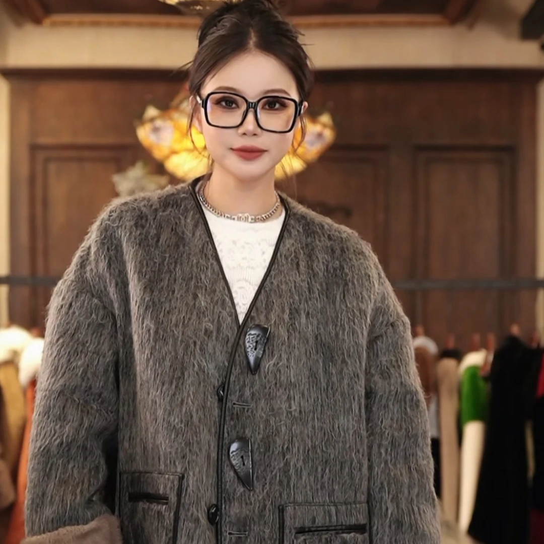 【DCP•Flagship store】82575-DE 2024新款时尚鹅绒水貂羊驼毛外套