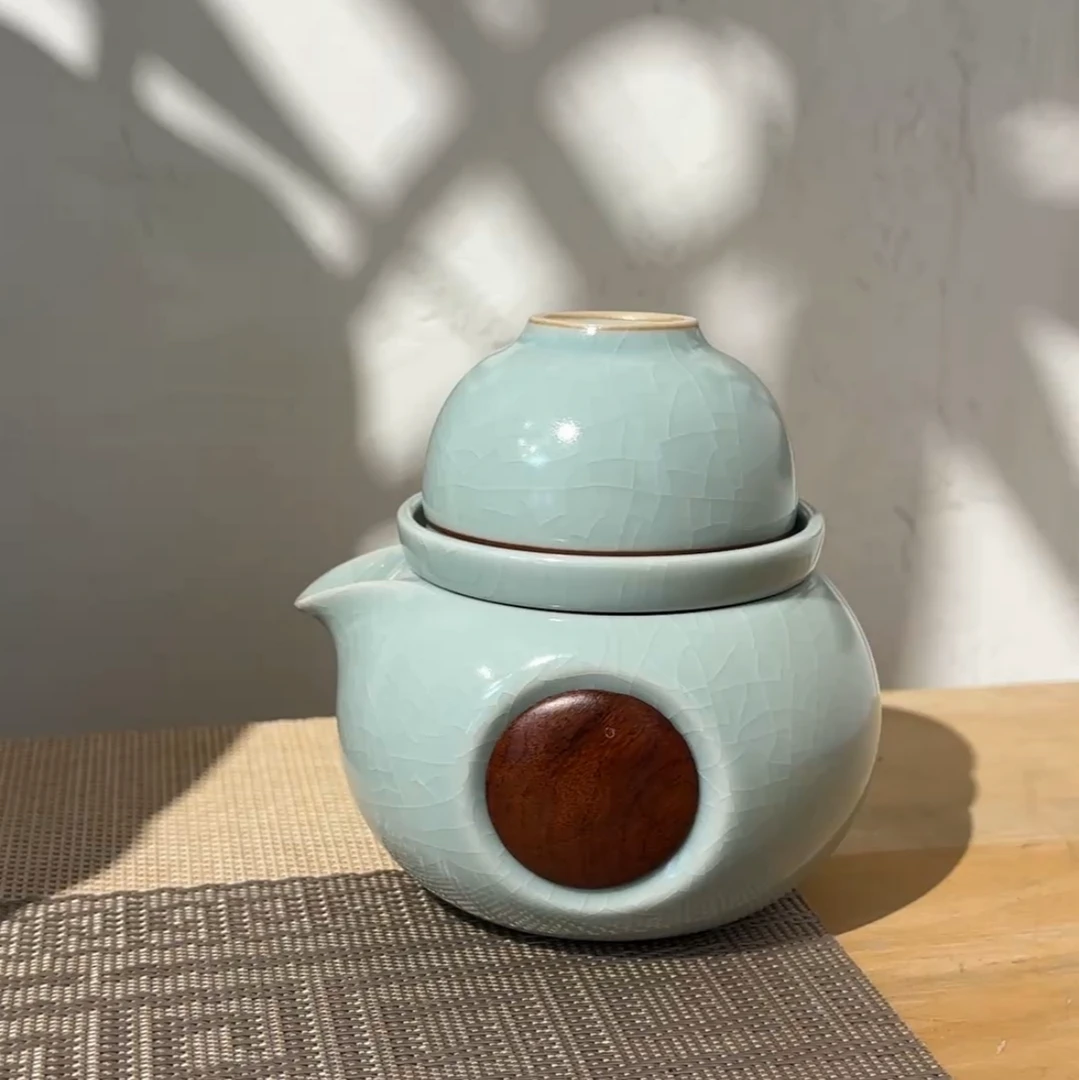 汝瓷卵青户外旅行便携式快客杯功夫茶具手抓壶