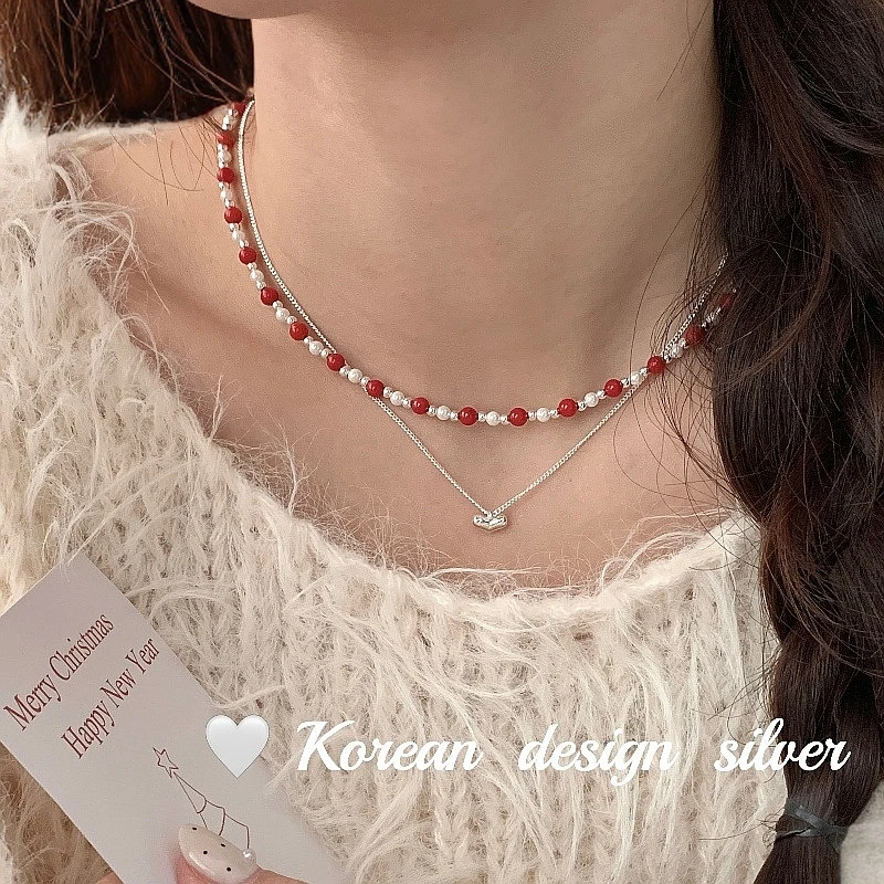 lulu轻奢S925纯银红色珠珠项链手作重工款气质百搭可叠戴锁骨链