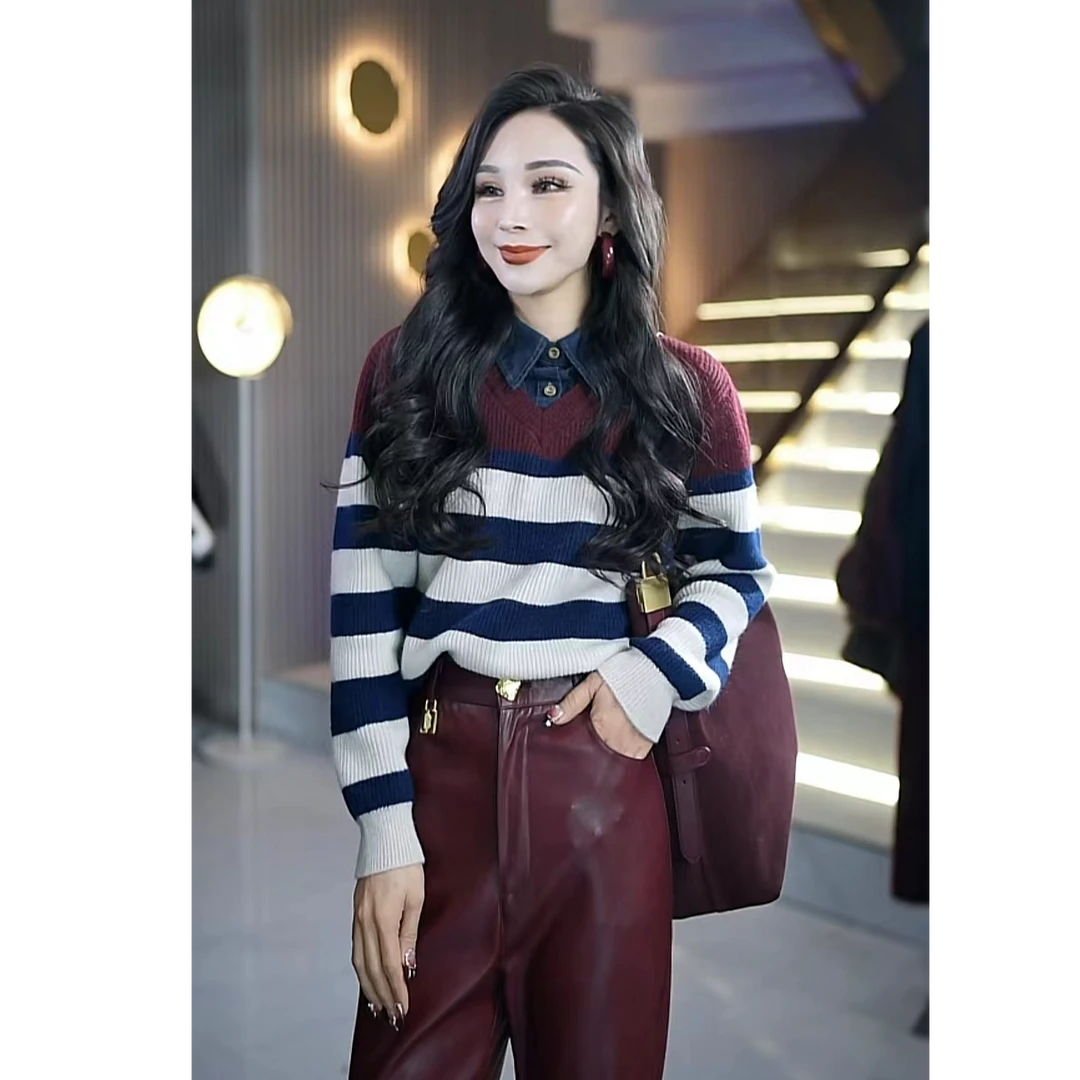 冬季时尚百搭修身显瘦牛仔衬衫领条纹假两件女士毛衫毛衣1m21009