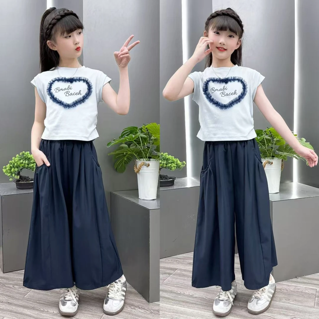 女童套装2025夏季新款爱心短袖棉布阔腿裤九分裤两件套女大童夏装