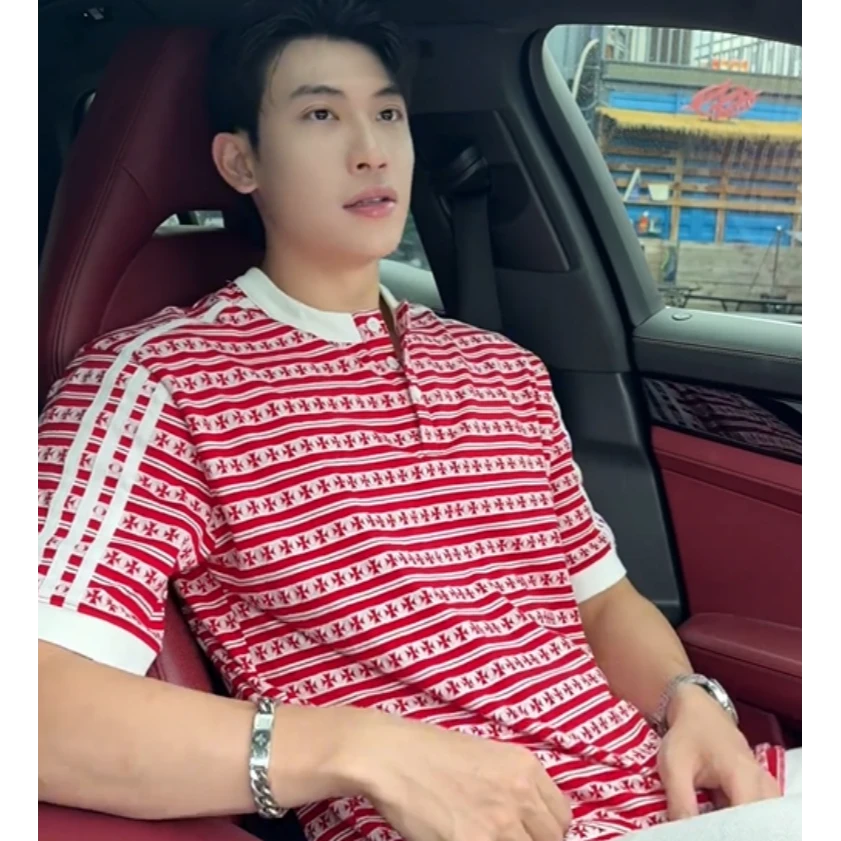 夏季高级感新款男士十字条纹半纽扣短袖T恤舒适百搭潮牌圆领上衣