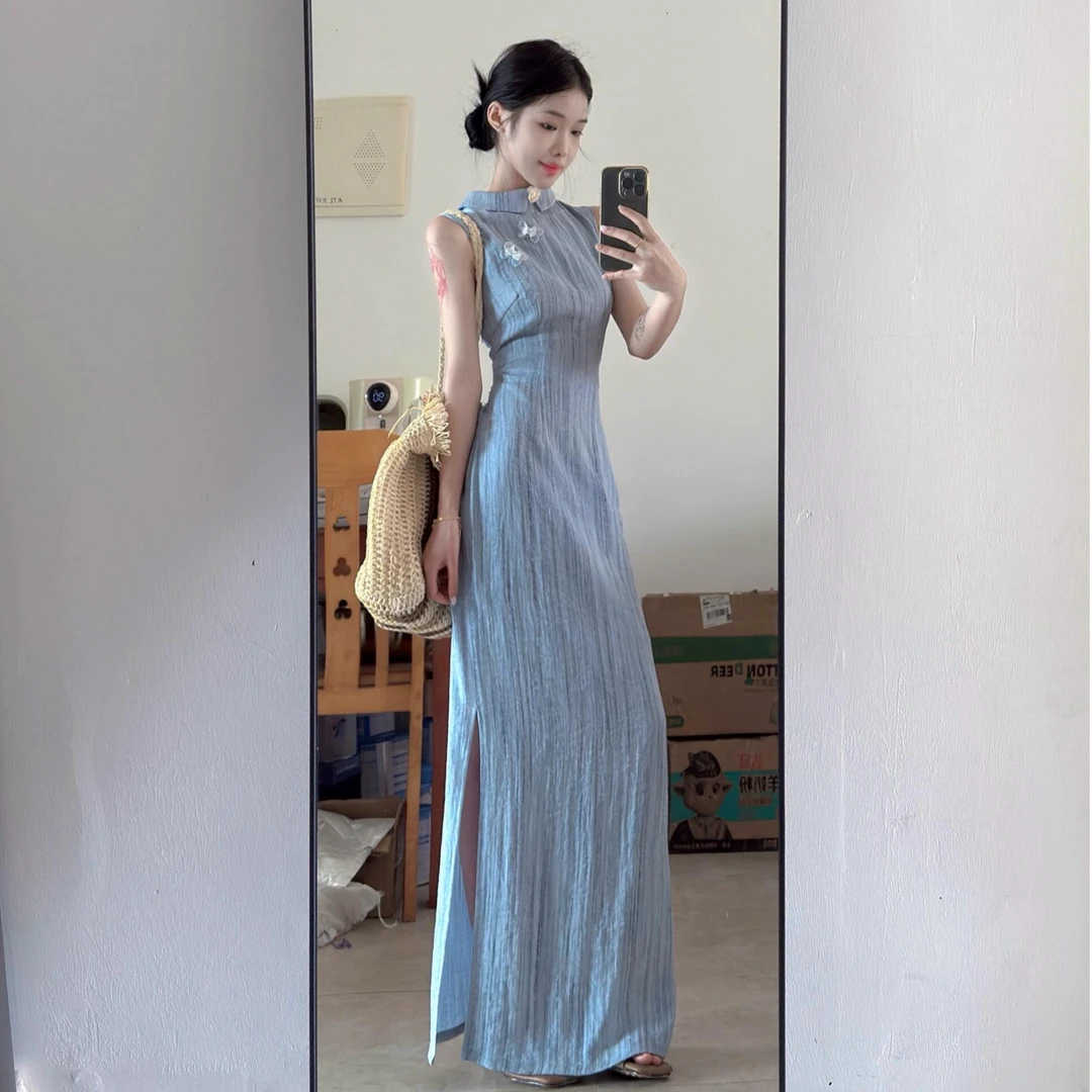 蓝色系中式设计感翻领无袖连衣裙女夏季修身显瘦气质优雅a字长裙