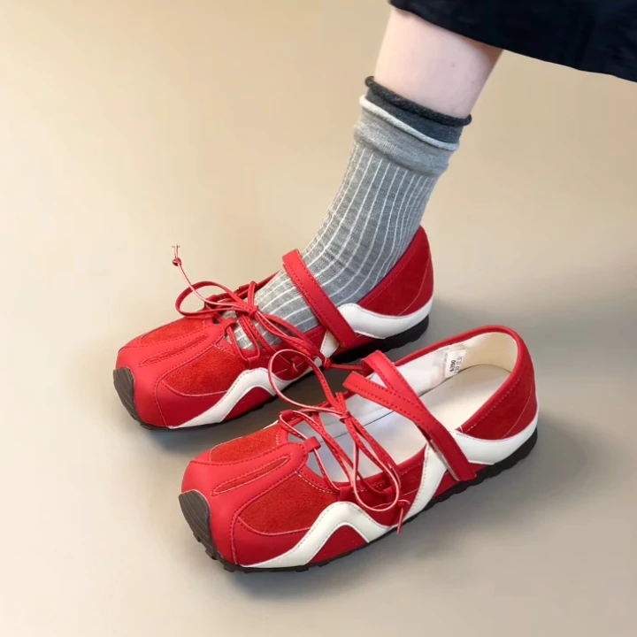 Pokoy-2cm法式复古方头系带玛丽珍鞋女夏新款百搭平底德训鞋