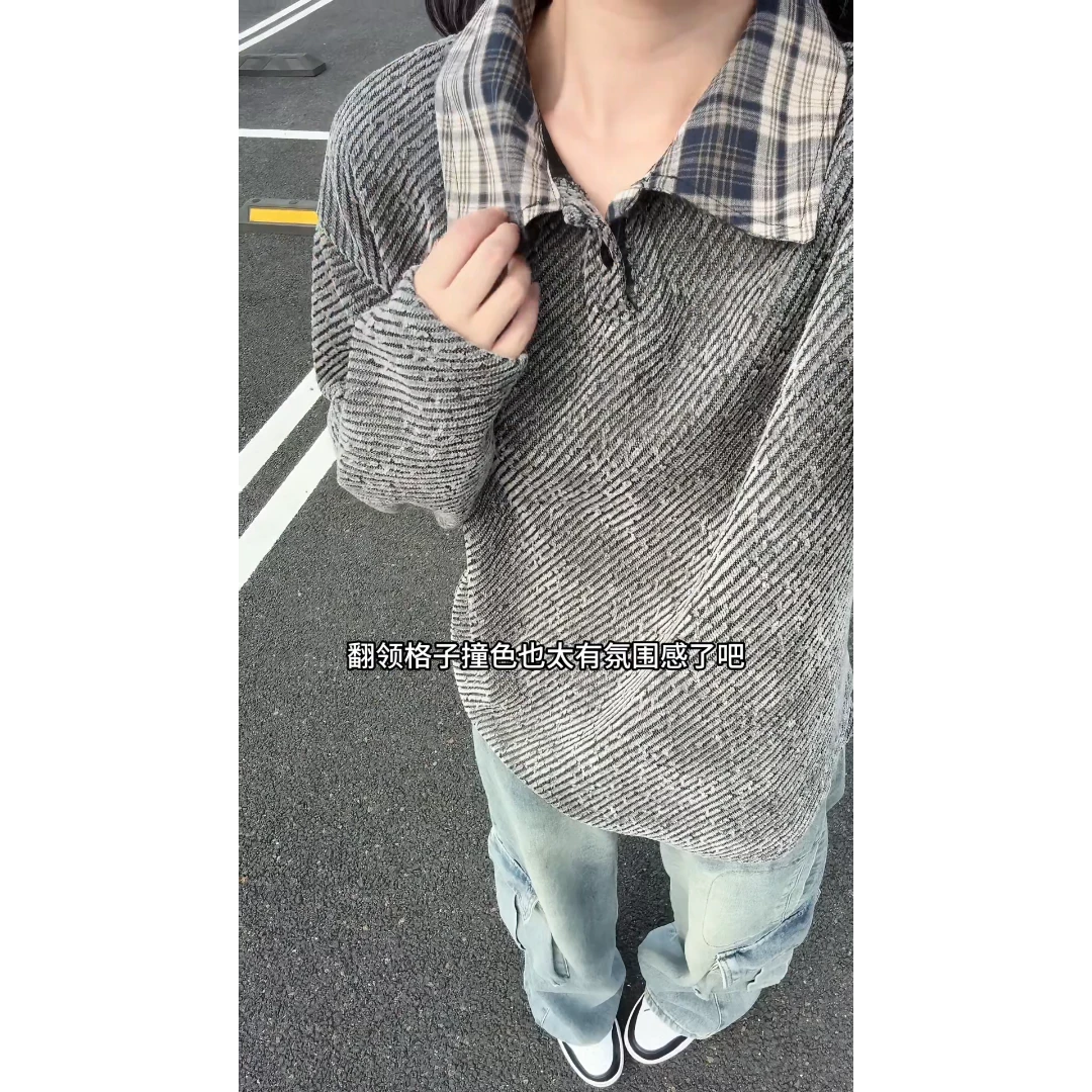 假两件拼接衬衫领长袖polo衫男秋潮牌痞帅慵懒感宽松休闲上衣外套