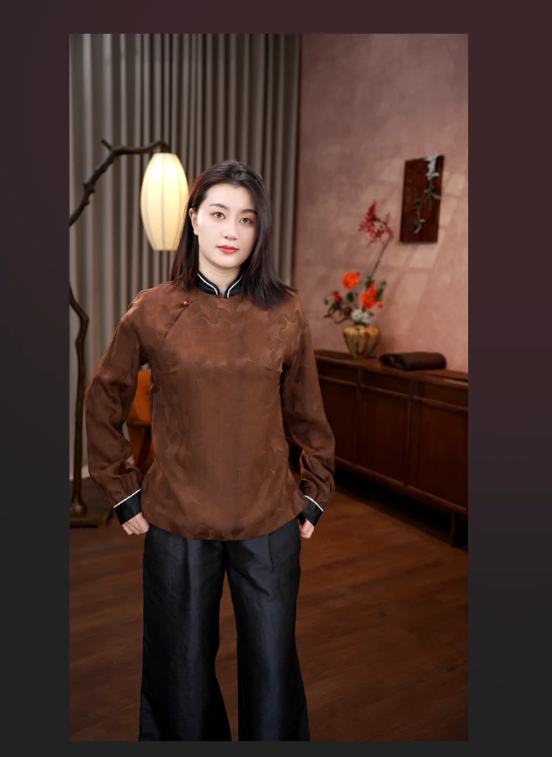 莨木与纱-香云纱桑波缎银杏叶新中式长袖上衣