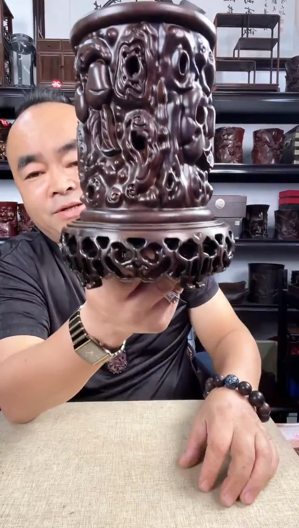 木新款3+寿桃笔筒老李红木工艺品