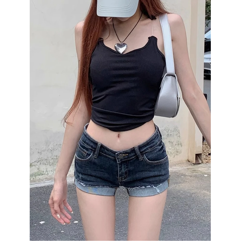 蓝色牛仔超短裤女夏季性感低腰卷边裤子美式热辣紧身包臀热裤外穿