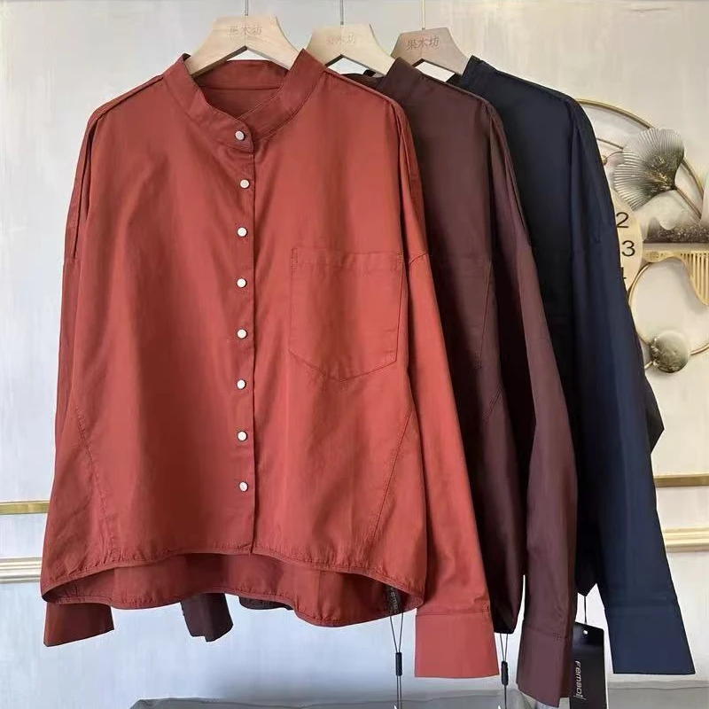 菲玛掂251009正品高级感宽松小立领长袖衬衫女春季宽松小衫上衣