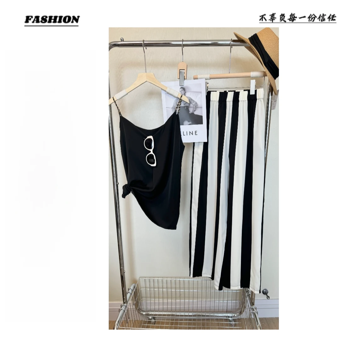 （优衣条纹套装）夏季时尚气质休闲百搭套装（拍上衣送裤子微透）