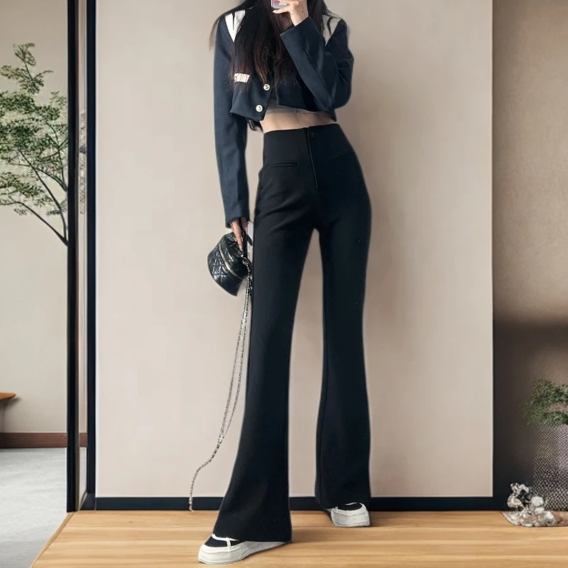 早秋款女款高腰弹力修身微喇垂感拖地显瘦百搭舒适耐磨休闲西裤