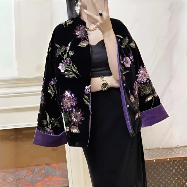 南油高定国风真丝丝绒手工钉珠国风中式新款外套女高级感轻奢女装