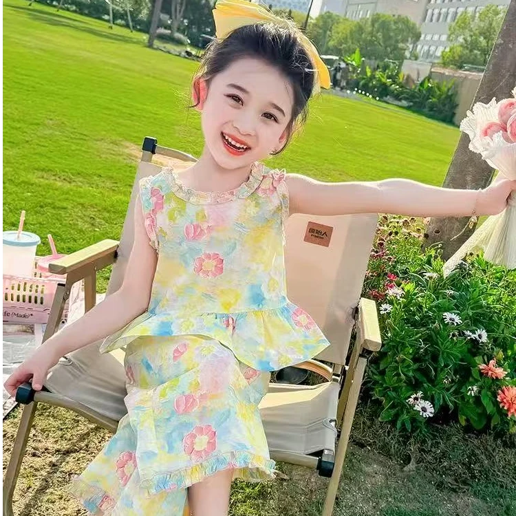 女童套装2025新款春夏油画花朵中小童女宝宝休闲百搭宽松外出款式