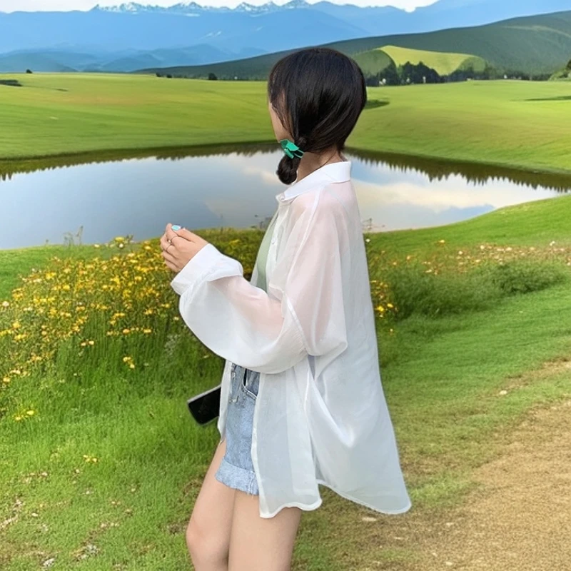 时尚百搭珠光砂冰丝长袖防晒衫2025夏季新款女装外搭宽松衬衫防晒