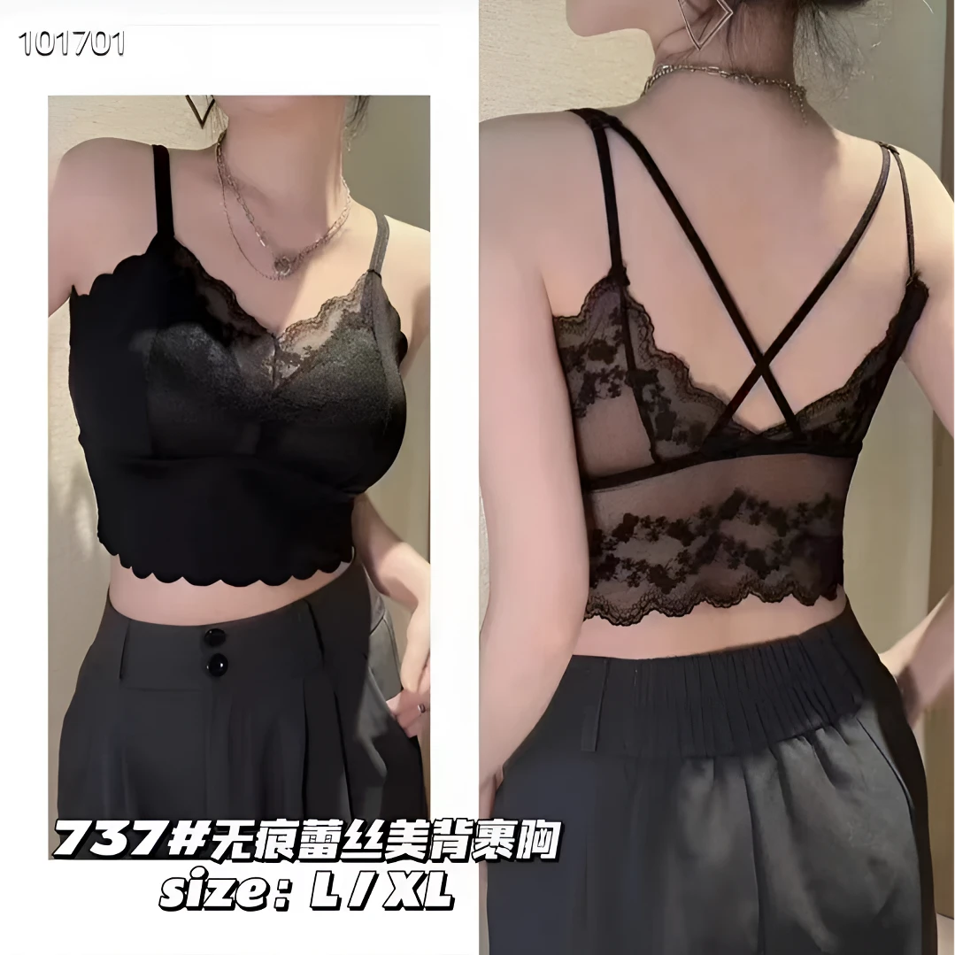 网红爆款夏季短款蕾丝拼接无痕女吊带背心固定一体杯时尚打底美背