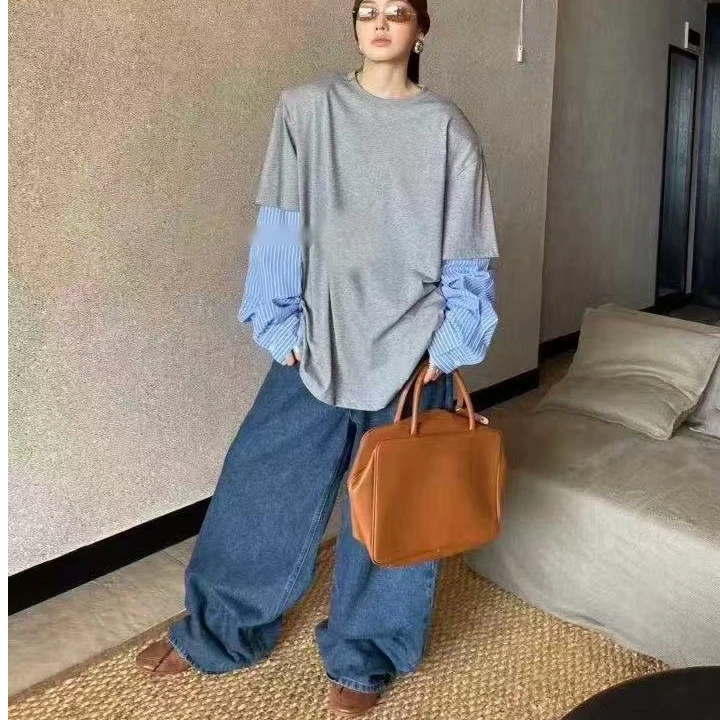 设计感宽松显瘦条纹拼接长袖T恤