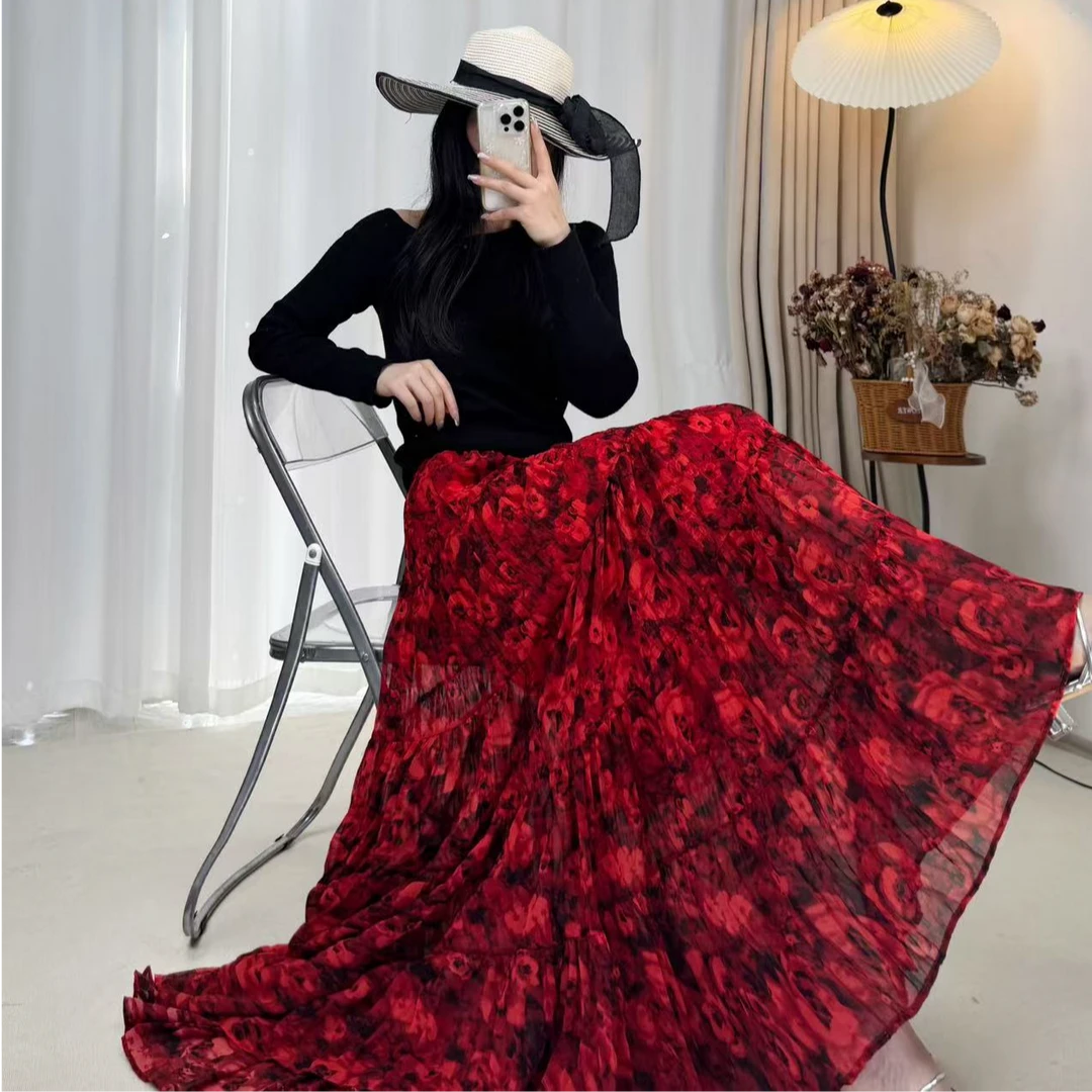 【红妆】春夏新款大裙摆碎花半身裙显瘦半身裙复古高腰