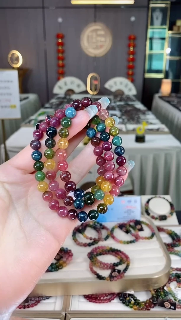 未镶嵌老矿碧玺彩虹三圈手串7mm+碧玺多样性发货一条mz