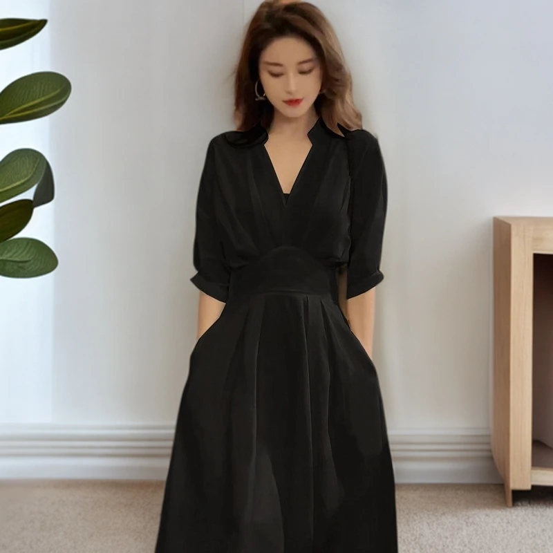 醉华2025夏季新款高级感小黑裙加大码女装法式气质连衣裙收腰显瘦