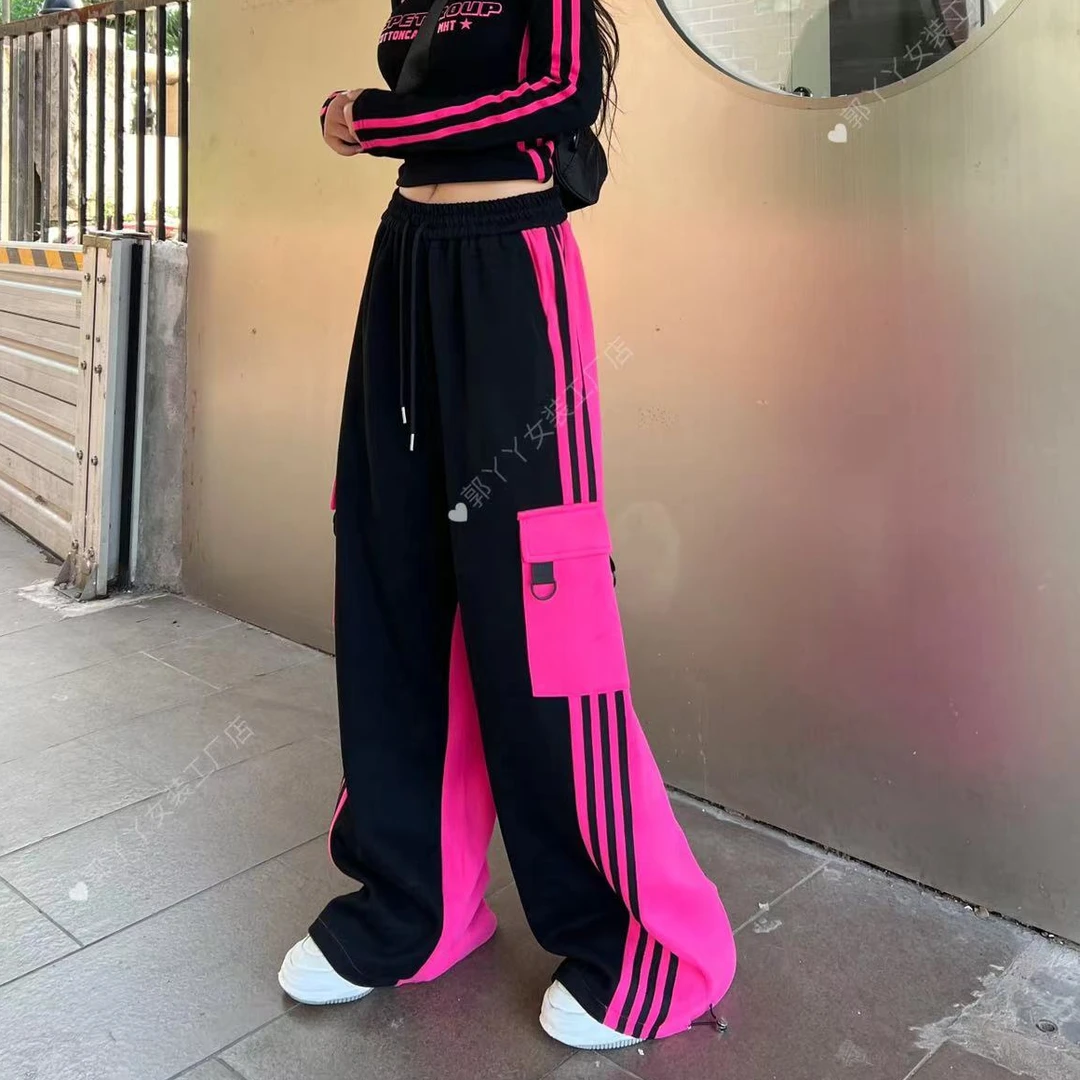 2025欧洲站冬季AB面拼色下脚可抽绳休闲直筒工装裤