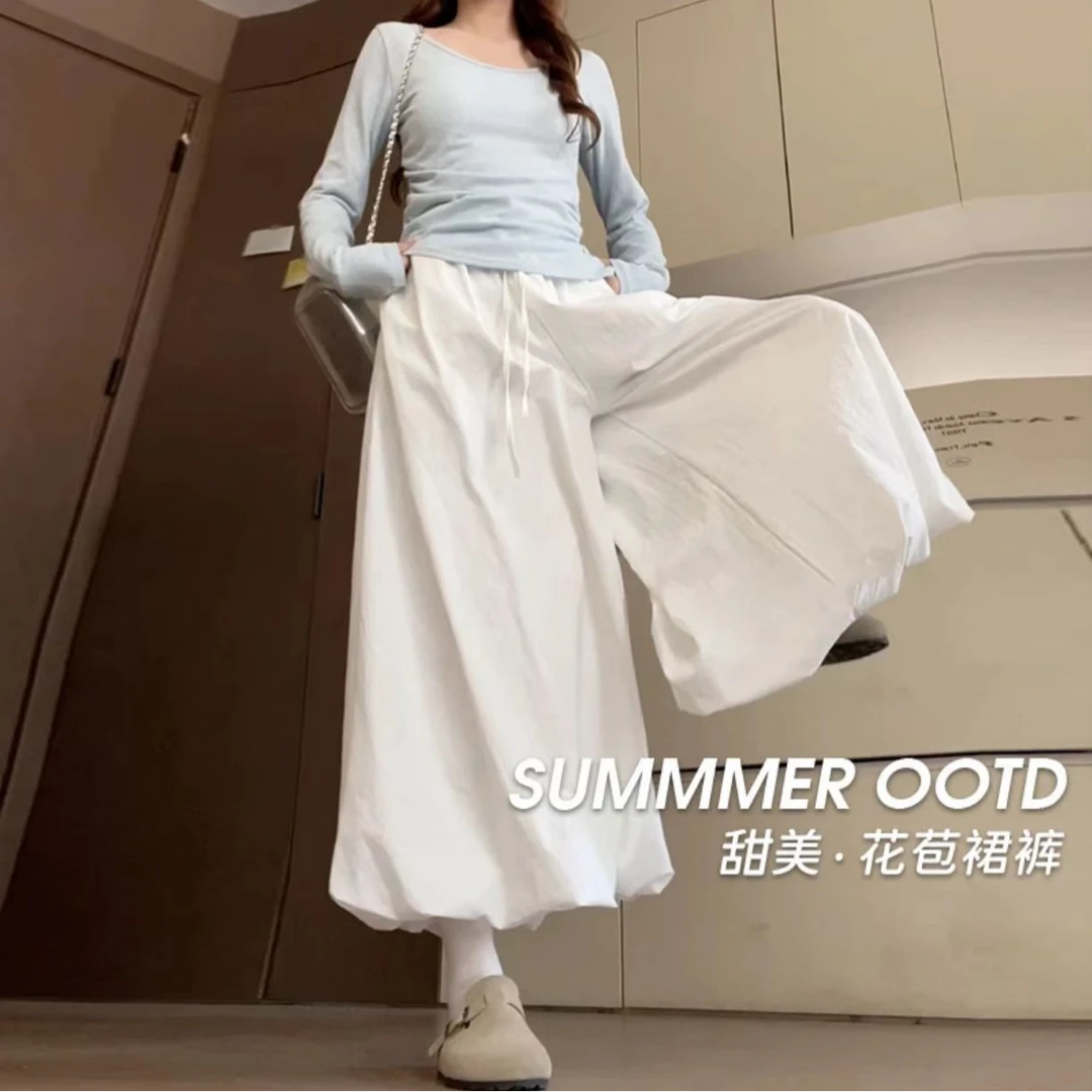 花苞裙裤女夏季新款高腰显瘦宽松九分休闲阔腿裤慵懒感蓬蓬灯笼裤