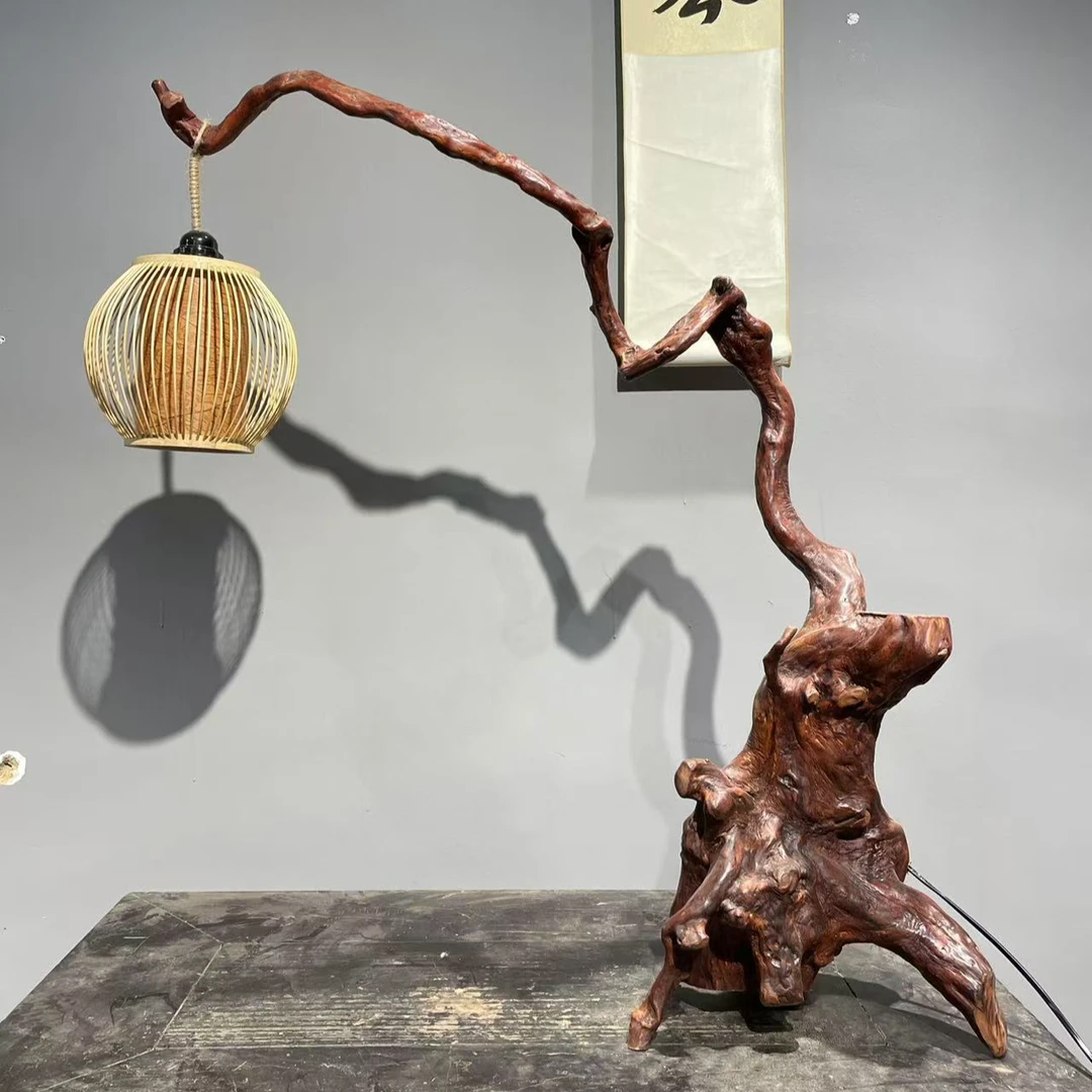 【天成阁】自然随型杜鹃根艺台灯 一体料 尺寸：长81*宽23*高85