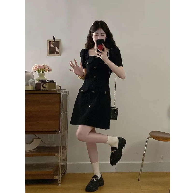 2025夏季新款大码装翻领口袋牛仔时尚连衣裙藏肉黑色牛仔裙1636