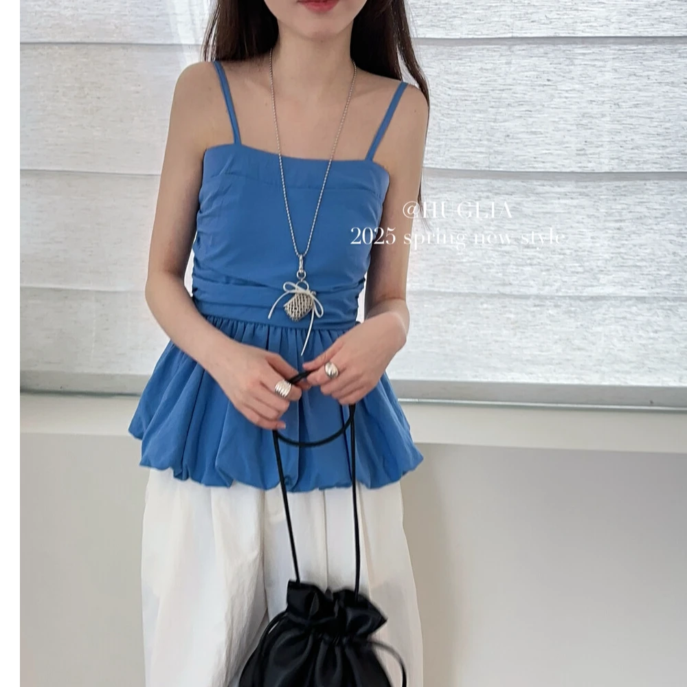 法式韩版宽松型INS风吊带背心短款挂脖复古设计感时尚辣妹通勤